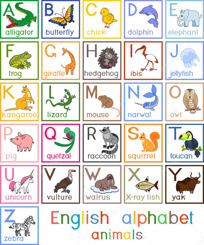 Colorful english alphabet with pictures of different cartoon animals and titles for children education