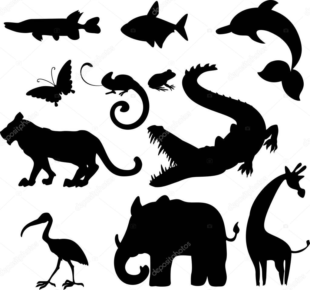 Set of silhouettes of different cartoon animals