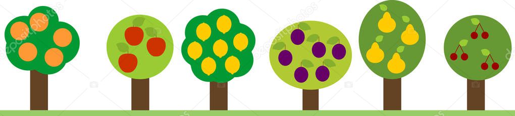 Set of different fruit trees with ripe harvest in simplified cartoon style isolated on white background