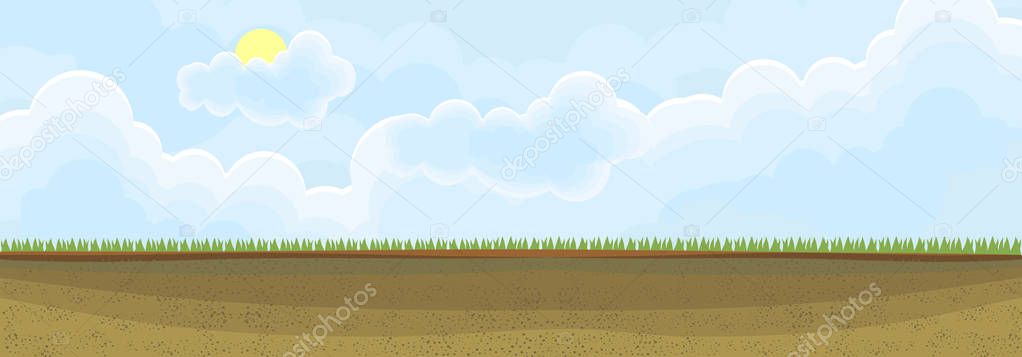 Abstract spring landscape with blue sky, yellow sun and soil