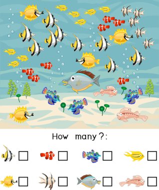 How many different sea fishes. Counting educational game with different sea animals for preschool kids