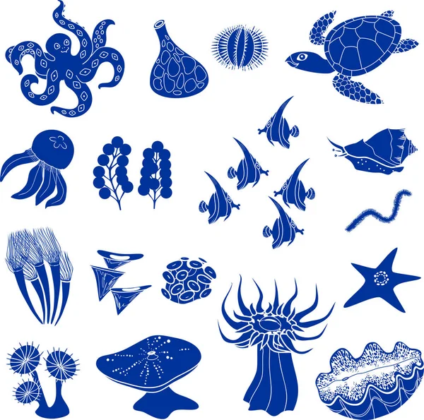 さまざまな海洋動物の青いシルエットのセット — ストックベクタ