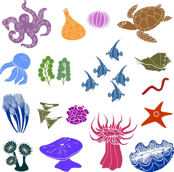 さまざまな海洋動物のカラフルなシルエットのセット — ストックベクタ