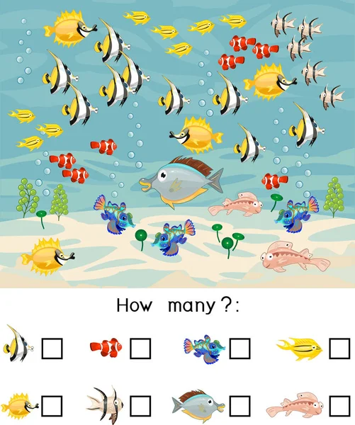 Cuántos Peces Marinos Diferentes Contando Juego Educativo Con Diferentes Animales — Archivo Imágenes Vectoriales