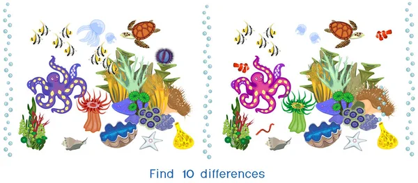 Find Ten Differences Game Children Ecosystem Coral Reef Different Marine — Stock Vector