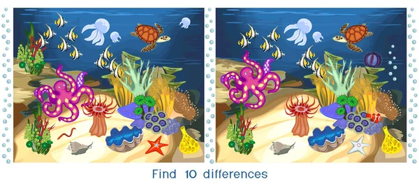 Find Ten Differences Game Children Ecosystem Coral Reef Different Marine — Stock Vector
