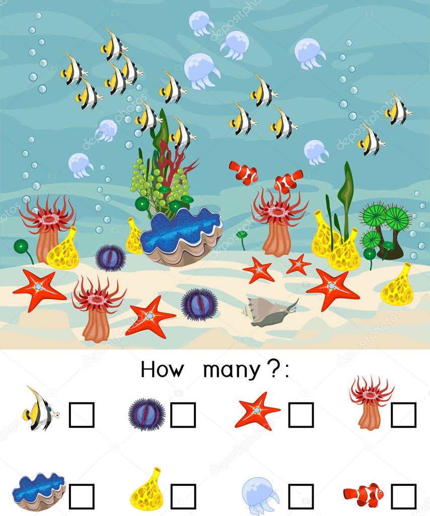 How many different underwater marine animals. Counting educational game with different sea animals for preschool kids