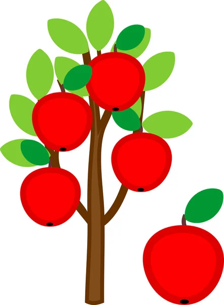 Cartoon Apple Tree Ripe Red Apples Green Crown Isolated White — Stock Vector