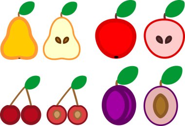 Olgunlaşmış meyve kümesi boyuna düz stil beyaz arka plan üzerinde izole bölümünde içinde ikiye böldüm