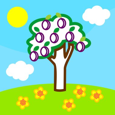 Boyama sayfası. Erik ağacı meyve, mavi gökyüzü, beyaz bulutlar ve sarı güneşi, yaz yatay çizgi film