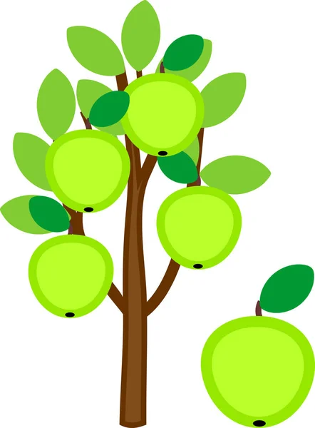 Cartoon Apple Tree Green Apples Leaves Isolated White Background — Stock Vector
