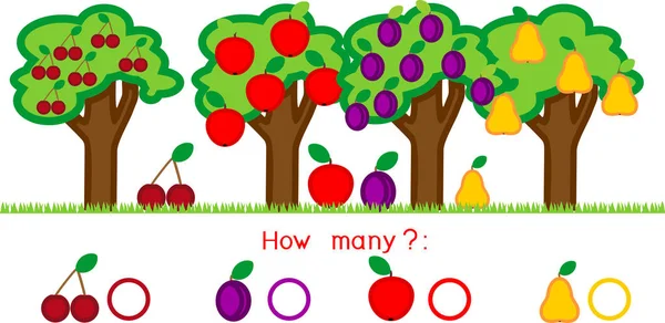 Combien Fruits Différents Sur Les Arbres Compter Jeu Éducatif Avec — Image vectorielle