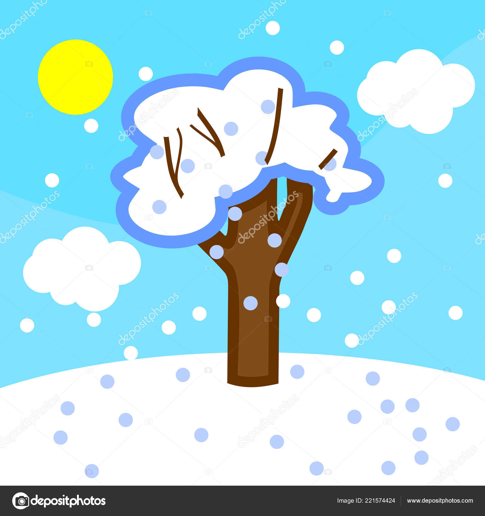 Cartoon Winter Landscape Snow Covered Tree Blue Sky White Clouds Vector Image By C Mariaflaya Vector Stock