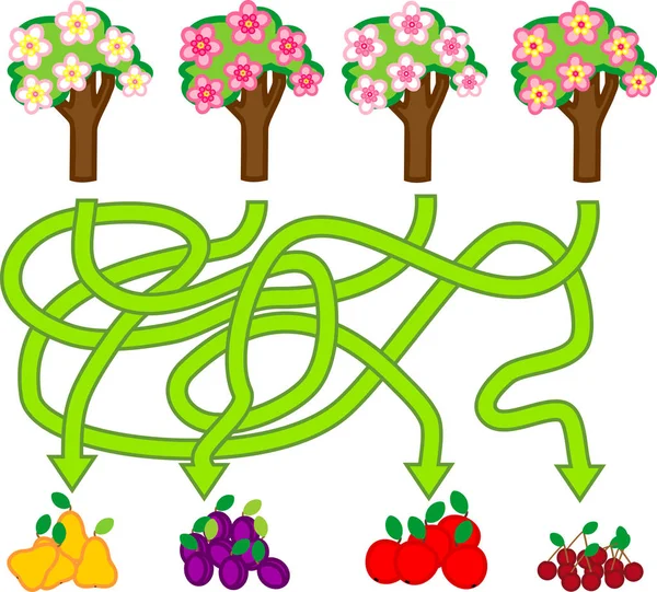 Labyrint Spel För Barn Förskoleåldern Blommande Fruktträd Och Deras Skörd — Stock vektor