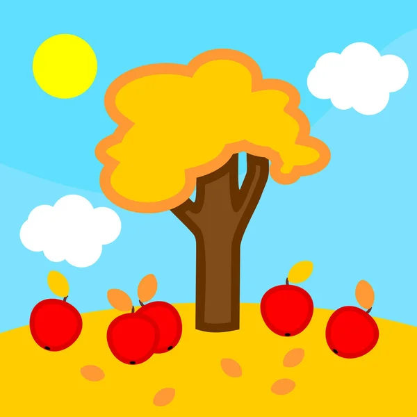Jesienny Krajobraz Kreskówka Apple Drzewo Błękitne Niebo Białe Chmury Słońce — Wektor stockowy