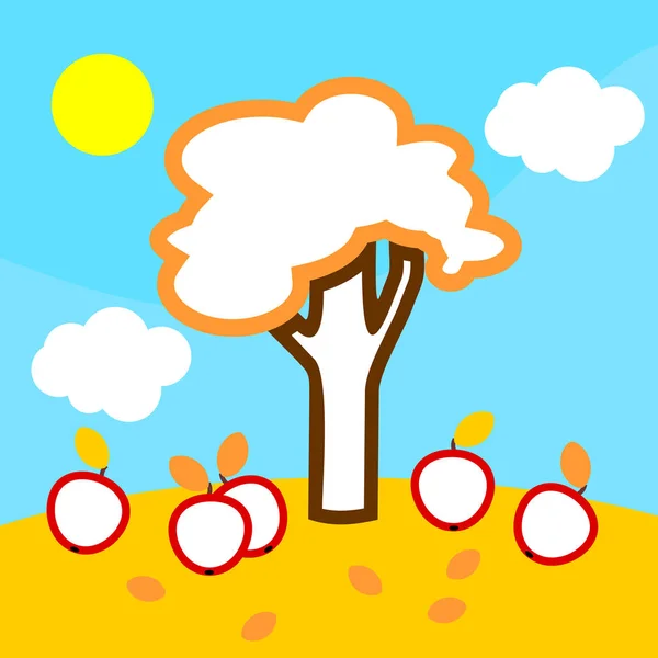 Kleurplaat Cartoon Herfst Landschap Met Appelboom Met Fruit Gele Zon — Stockvector