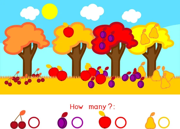 Hány Különböző Gyümölcsök Számolás Különböző Gyümölcsökkel Oktatási Játék Óvodáskorú Gyerekek — Stock Vector
