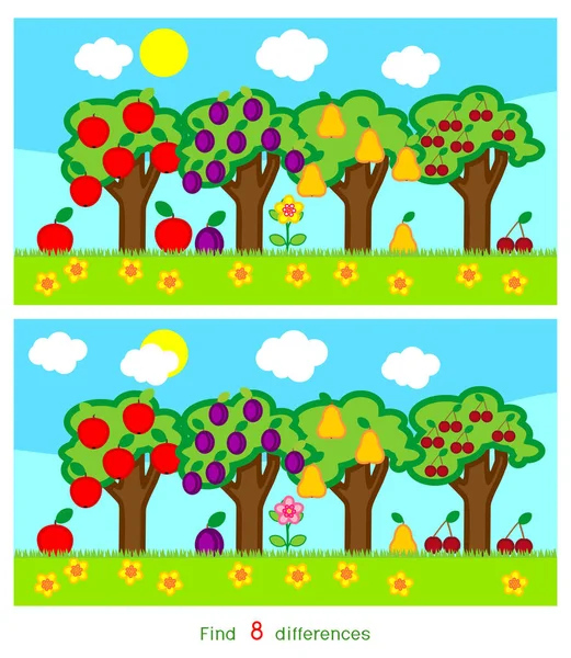 查找八个差异 不同果树的孩子们的游戏 — 图库矢量图片