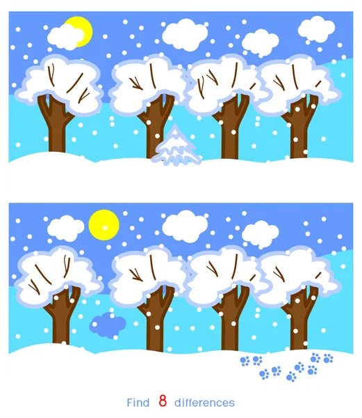 Find Eight Differences Game Children Winter Cartoon Landscape Deciduous Trees — Stock Vector