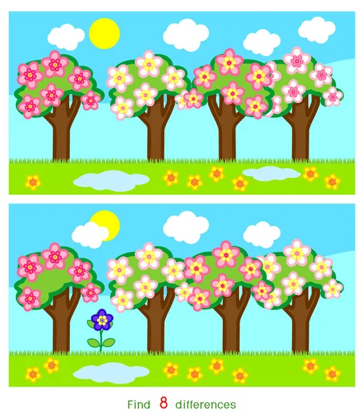 Найти Восемь Различий Игры Детей Цветущими Лиственными Деревьями — стоковый вектор