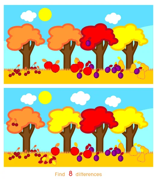 Znajdź Różnice Osiem Gra Dla Dzieci Jesień Krajobraz Różnych Owoców — Wektor stockowy