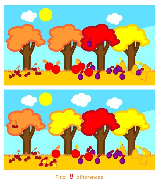 Encuentra Ocho Diferencias Juego Para Niños Con Paisaje Otoñal Con — Vector de stock