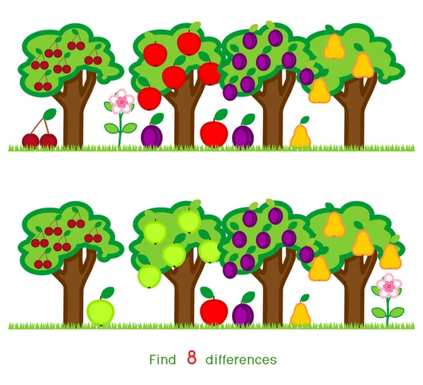 Znajdź Różnice Osiem Gra Dla Dzieci Różnych Owoców Drzew — Wektor stockowy