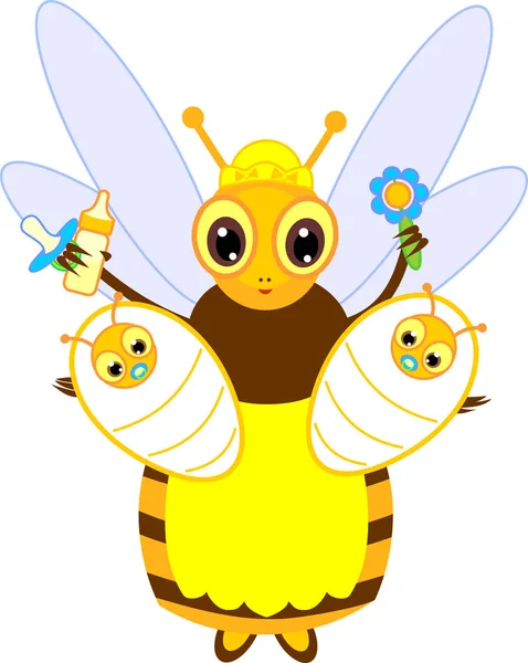 Dibujos Animados Abeja Enfermera Con Bebés Aislados Sobre Fondo Blanco — Vector de stock