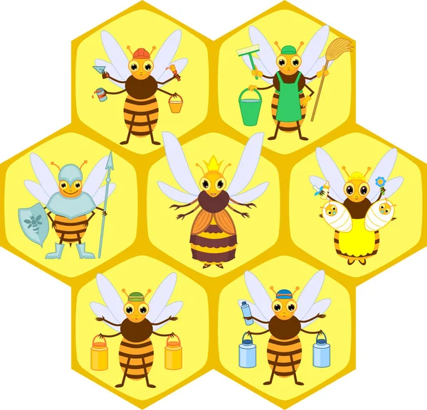 Conjunto Diferentes Castas Sociales Abejas Dibujos Animados — Vector de stock