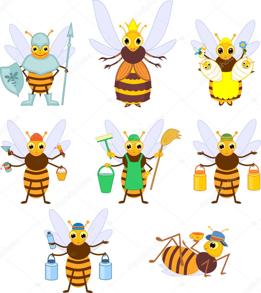 Set of different cartoon bee social castes isolated on white background