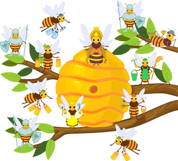 Gelbe Karikatur Bienenkorb Auf Ast Und Honigbienenfamilie Isoliert Auf Weißem — Stockvektor