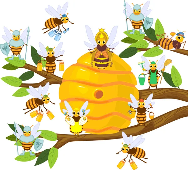 Yellow Cartoon Beehive Tree Branch Honey Bee Family Isolated White — Stock Vector