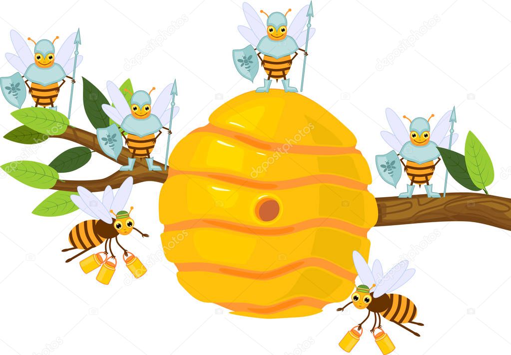 Yellow cartoon beehive on tree branch and bees isolated on white background