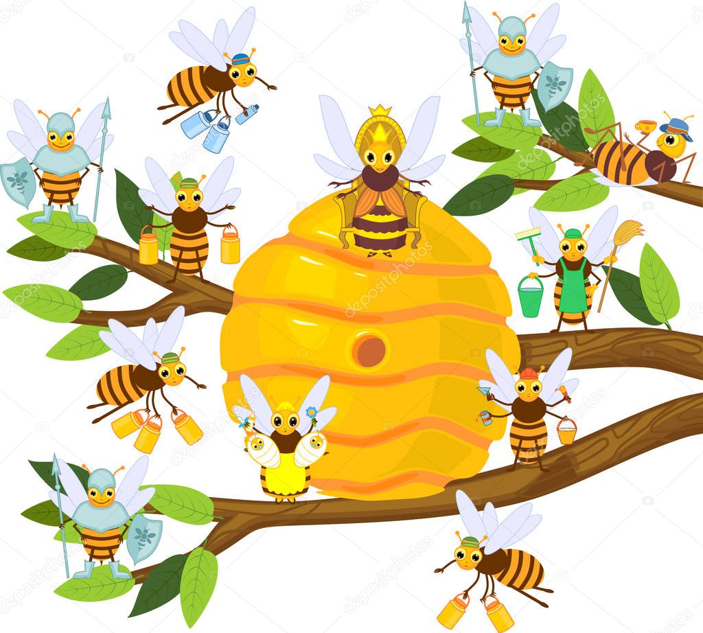 Yellow cartoon beehive on tree branch and honey bee family isolated on white background