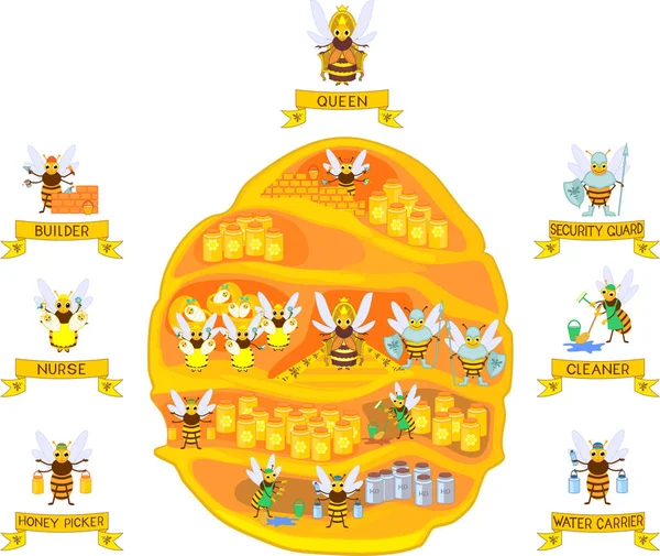 Gele Cartoon Bijenkorf Honey Bee Familie Geïsoleerd Witte Achtergrond Interne — Stockvector