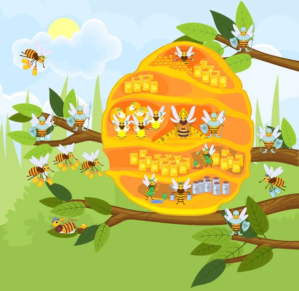 Gele Cartoon Bijenkorf Boom Tak Honey Bee Familie Interne Structuur — Stockvector