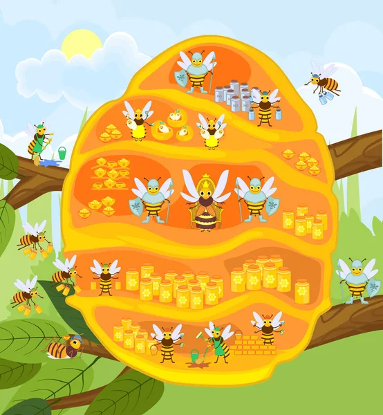 Gele Cartoon Bijenkorf Boom Tak Honey Bee Familie Interne Structuur — Stockvector