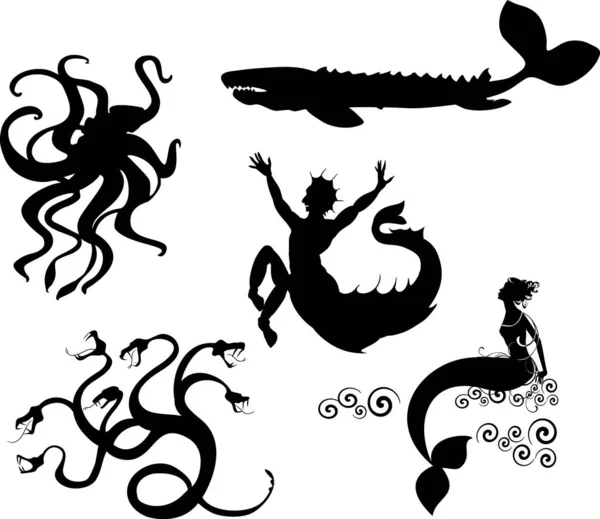 Conjunto Silhuetas Negras Criaturas Mitológicas Mar Hidra Kraken Sereia Echeneis — Vetor de Stock
