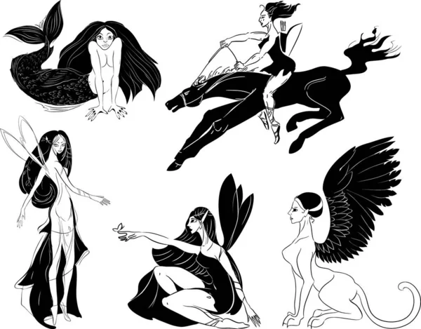 Set Van Mythische Vrouwelijke Wezens Elf Amazone Zeemeermin Sfinx — Stockvector