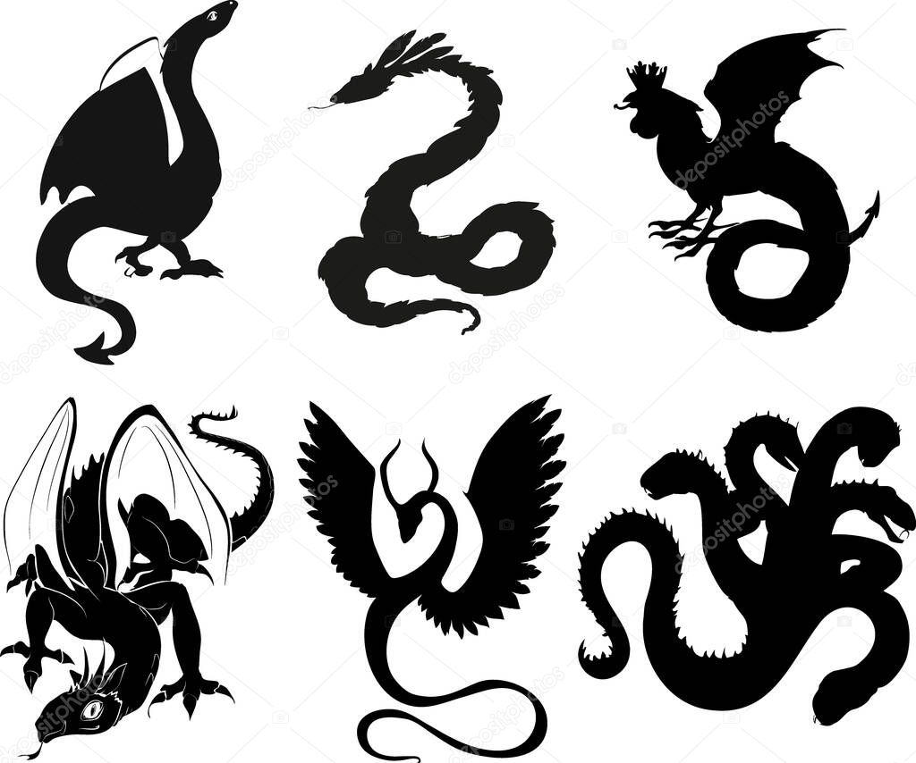  Set of black silhouettes of mythological dragons: basilisk, dragon, hydra, wyvern, quetzalcoatl, zmiulan