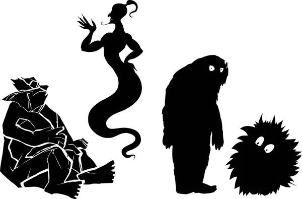 Ensemble Silhouettes Noires Créatures Mythiques Djinns Troll Yéti — Image vectorielle