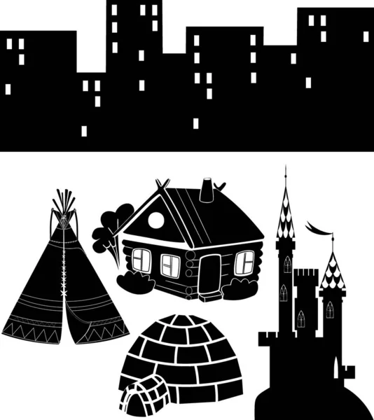Set of black silhouettes of different buildings and traditional dwellings isolated on white background — Stock Illustration Set Black Silhouettes Different Buildings Traditional Dwellings Isolated White Background Royalty Free Stock Vectors
