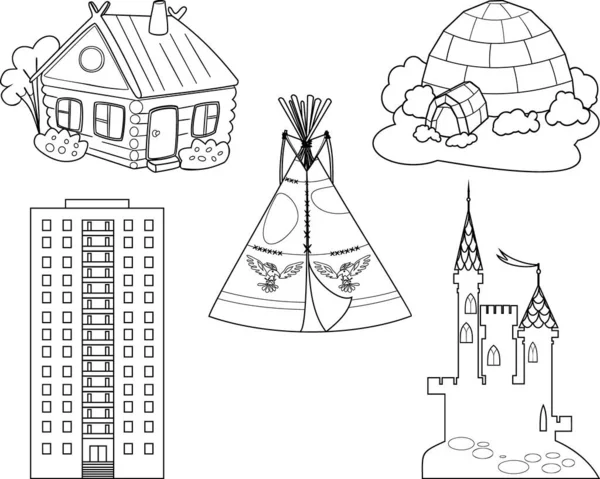 Coloring page with set of different buildings and traditional dwellings isolated on white background — Stock Illustration Coloring Page Set Different Buildings Traditional Dwellings Isolated White Background Royalty Free Stock Illustrations