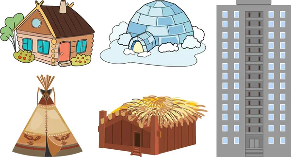 Set of different buildings and traditional dwellings isolated on white background — Stock Illustration Set Different Buildings Traditional Dwellings Isolated White Background Royalty Free Stock Vectors
