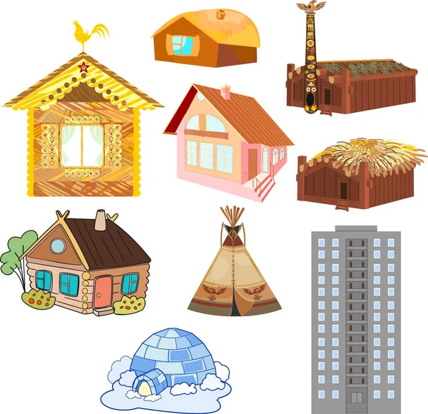 Set of different buildings and traditional dwellings isolated on white background — Stock Illustration Set Different Buildings Traditional Dwellings Isolated White Background Royalty Free Stock Illustrations