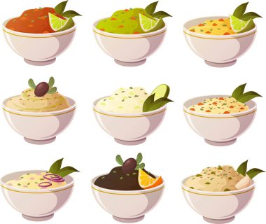 Çeşitli sosların vektör çizimi, guacamole, salsa, humus beyaz arka planda izole edilmiş.