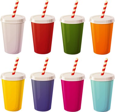 Çeşitli fast food ürünlerinin vektör çizimi soğuk içecek, meyve suyu, milkshake veya beyaz arka planda izole edilmiş soda içeren plastik kapları çıkartır
