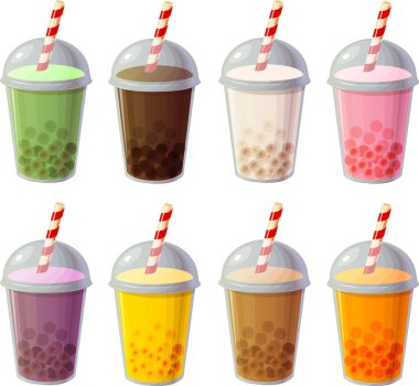 Çeşitli fast food ürünlerinin vektör çizimi soğuk içecek, meyve suyu, milkshake veya beyaz arka planda izole edilmiş soda içeren plastik kapları çıkartır