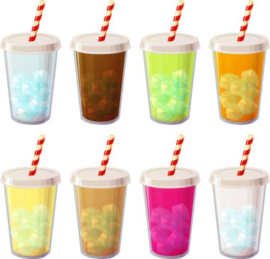 Çeşitli fast food ürünlerinin vektör çizimi soğuk içecek, meyve suyu, milkshake veya beyaz arka planda izole edilmiş soda içeren plastik kapları çıkartır