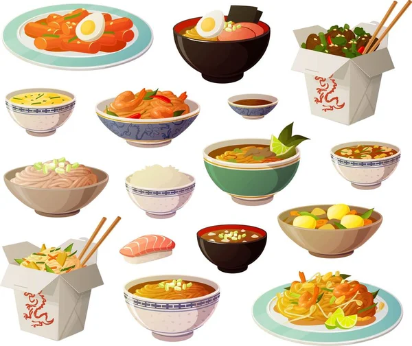 Vector Illustration Various Asian Dishes Soups Isolated White Background — Stock Vector